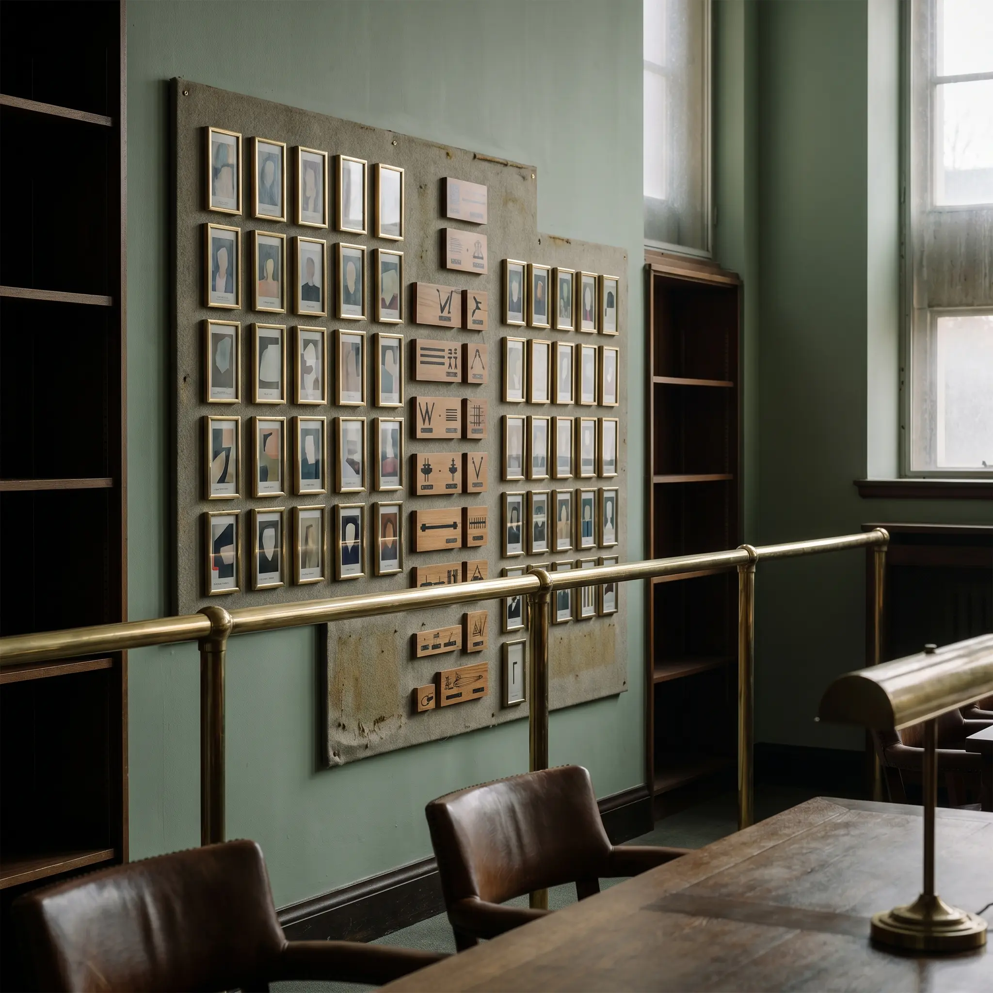 Archive wall with abstract institution portraits and model lineage placards