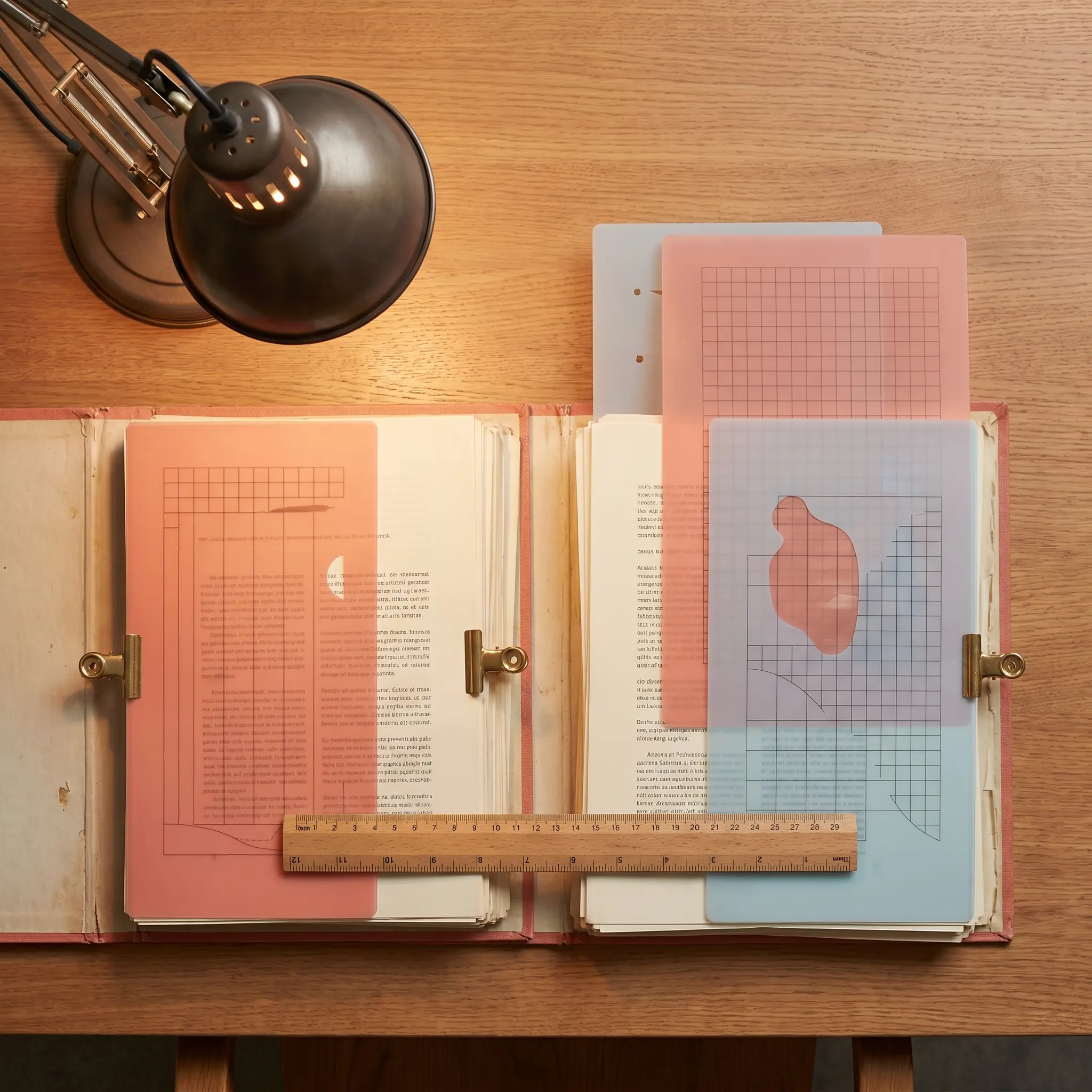 Top-down comparative reading table with folders and translucent evidence overlays