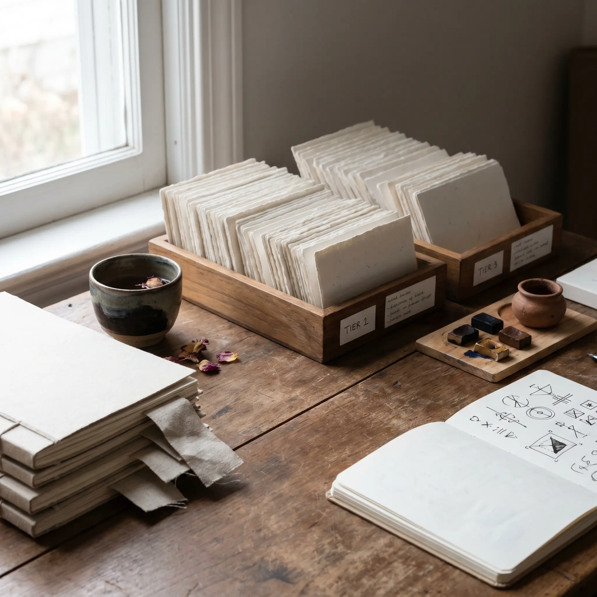 Desk with source cards sorted into evidence tiers for AI document review
